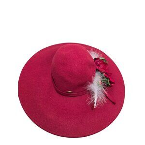 Scala Red 100% Wool Wide Brim Hat With Floral & Feather Accent Size L